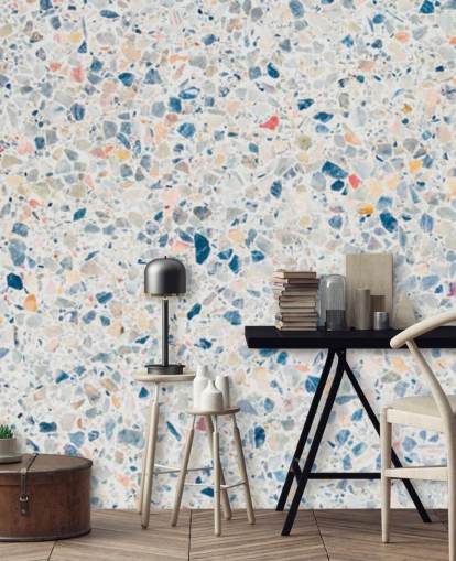 blauw en wit terrazzo behang