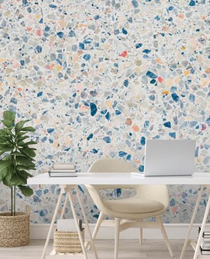 papel pintado terrazo azul y blanco