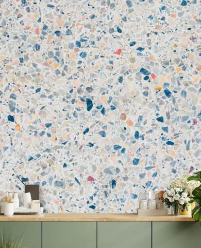 papel pintado terrazo azul y blanco