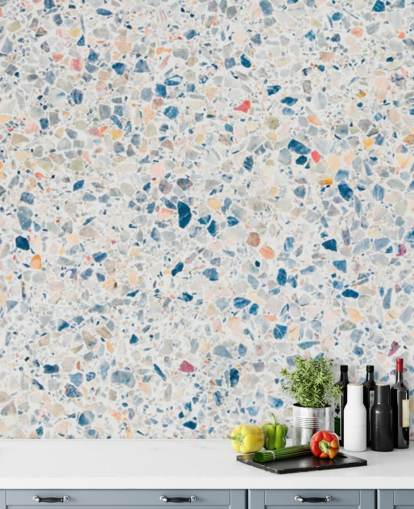 papel pintado terrazo azul y blanco