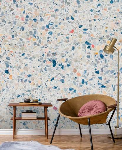 papel pintado terrazo azul y blanco