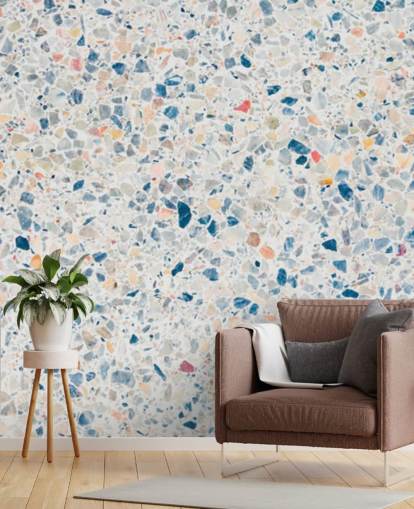 papel pintado terrazo azul y blanco