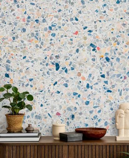 papel pintado terrazo azul y blanco