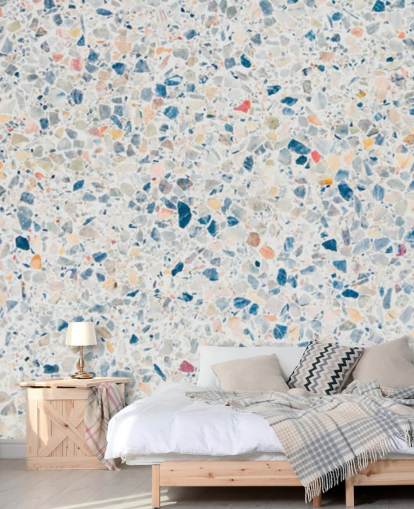 papel pintado terrazo azul y blanco