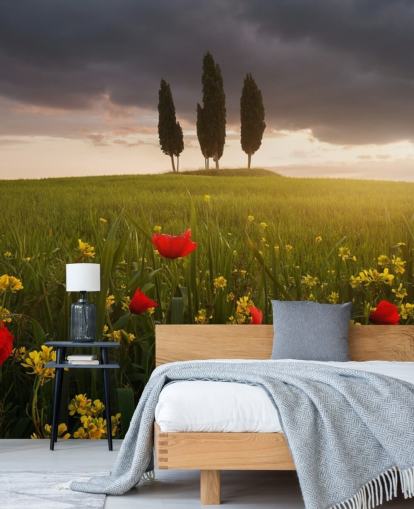 toskanisches Feld mit roten Mohnblumen Tapete