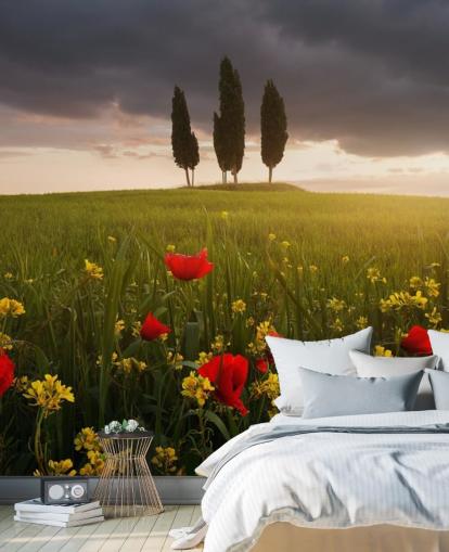 tuscan field with red poppies wallpaper