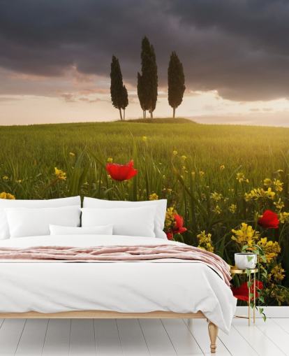 tuscan field with red poppies wallpaper