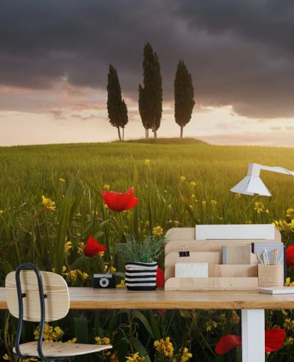 Fondo de pantalla de campo toscano con amapolas rojas