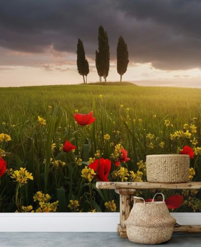 tuscan field with red poppies wallpaper