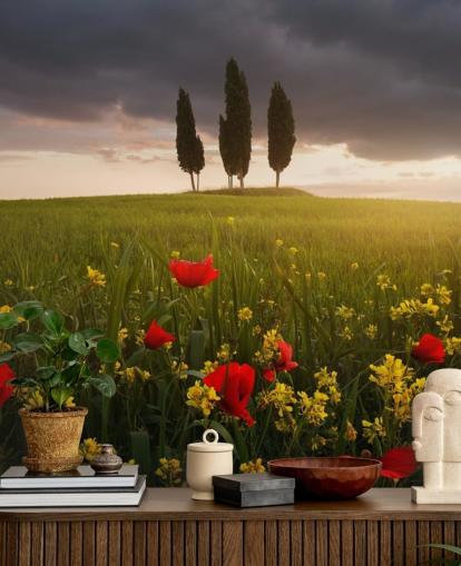 tuscan field with red poppies wallpaper