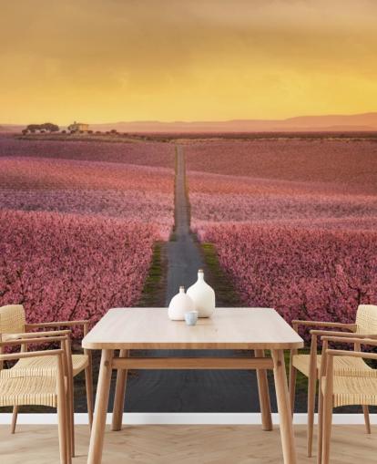 fond d'écran longue route avec des arbres de fleurs roses