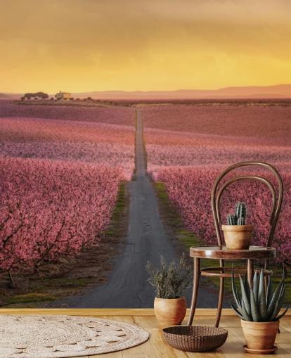 long road with pink blossom trees wallpaper