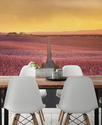 carta da parati lunga strada con alberi in fiore rosa