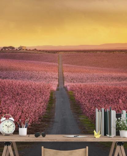 lång väg med rosa blommande träd tapeter