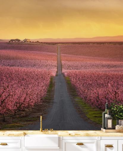 langer Weg mit rosa Blüten Bäume Tapete