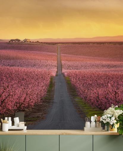 langer Weg mit rosa Blüten Bäume Tapete