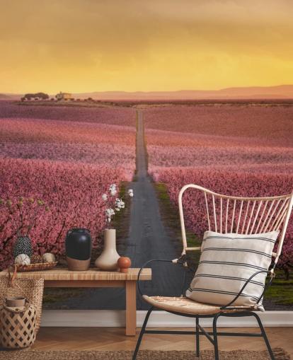 long road with pink blossom trees wallpaper