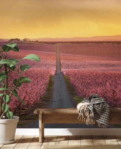 long road with pink blossom trees wallpaper