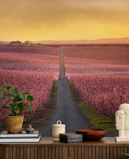 long road with pink blossom trees wallpaper