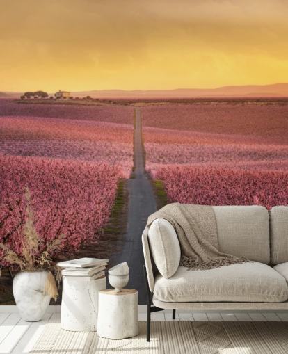 fondo de pantalla de largo camino con árboles en flor rosa