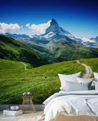snowy peak of mountain above lush green field wallpaper