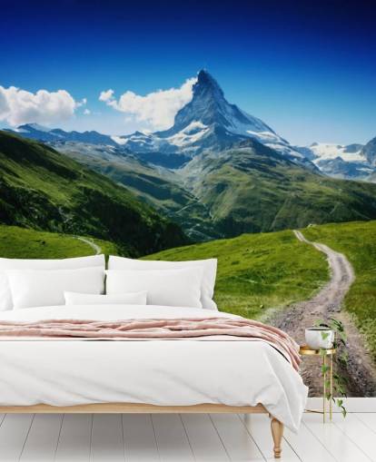 snowy peak of mountain above lush green field wallpaper