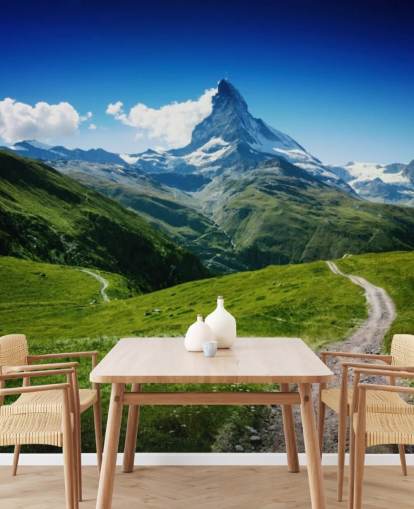 schneebedeckter Gipfel des Berges über üppig grünen Feld Tapete schneebedeckter Gipfel des Berges über üppig grünen Feld Tapete