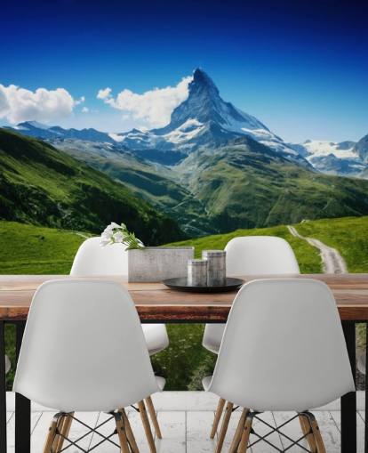 snowy peak of mountain above lush green field wallpaper