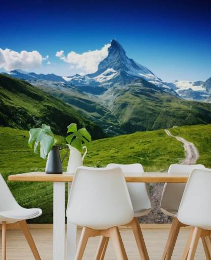 picco innevato della montagna sopra lussureggiante carta da parati campo verde