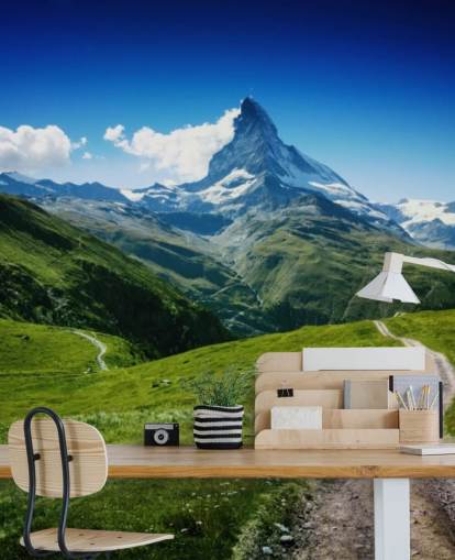 snowy peak of mountain above lush green field wallpaper