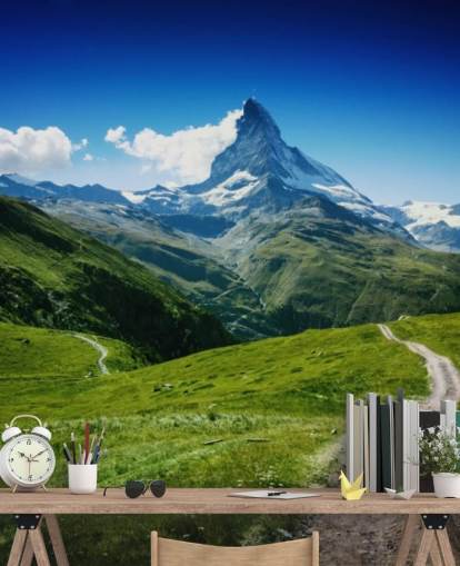 snowy peak of mountain above lush green field wallpaper snowy peak of mountain above lush green field wallpaper