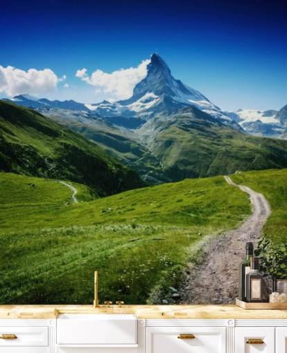 snowy peak of mountain above lush green field wallpaper