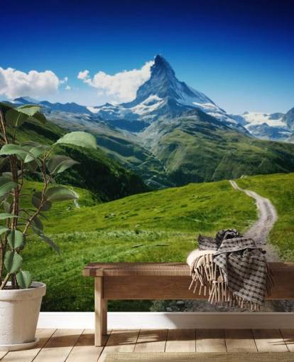 snowy peak of mountain above lush green field wallpaper