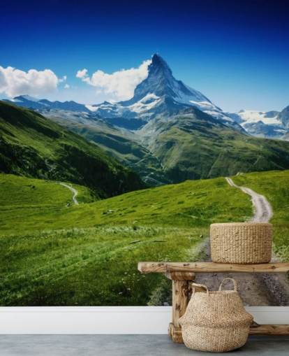 schneebedeckter Gipfel des Berges über üppig grünen Feld Tapete