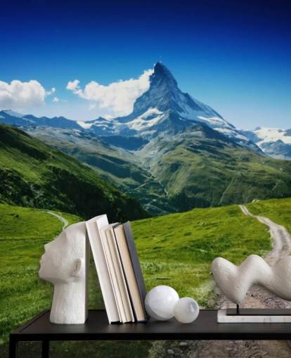 snowy peak of mountain above lush green field wallpaper snowy peak of mountain above lush green field wallpaper