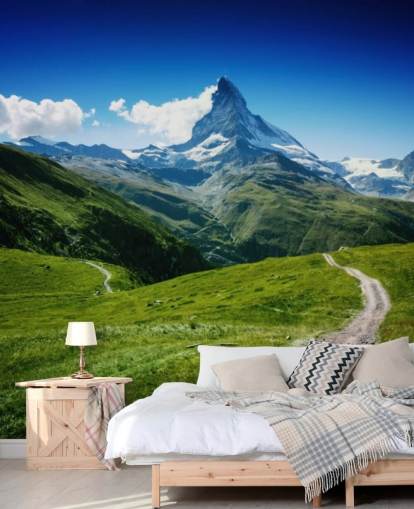 schneebedeckter Gipfel des Berges über üppig grünen Feld Tapete schneebedeckter Gipfel des Berges über üppig grünen Feld Tapete