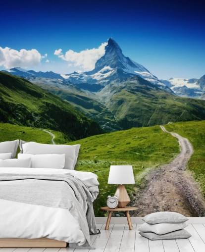 snowy peak of mountain above lush green field wallpaper