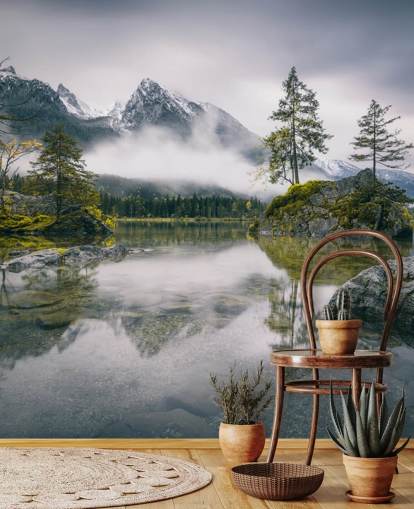 vue sur le lac brumeux et la montagne en Bavière, Allemagne fond d'écran