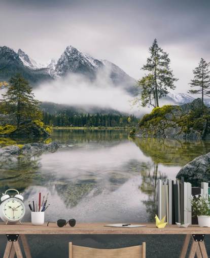 misty lake and mountain view in bavaria, germany wallpaper