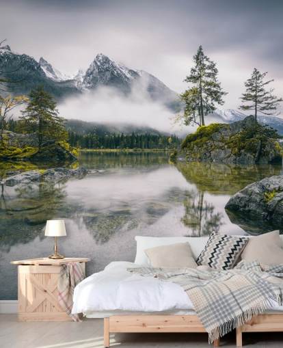 nebbiosa vista lago e montagna in baveria, germania carta da parati