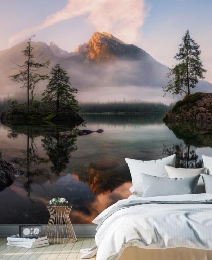 misty lake and mountain view wallpaper