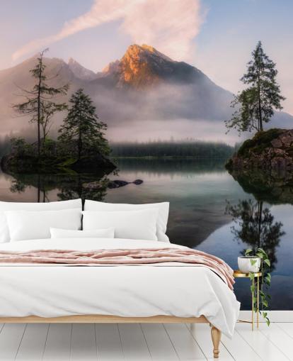 misty lake and mountain view wallpaper