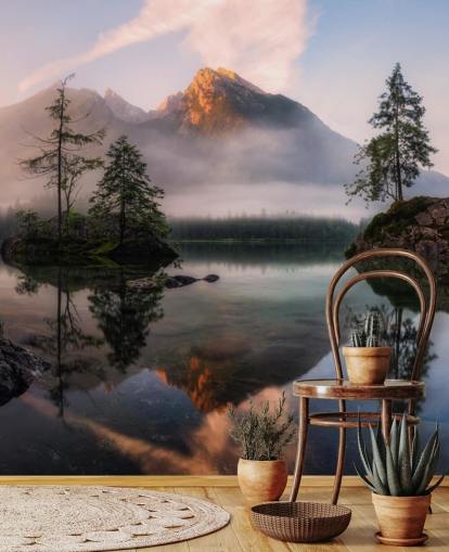 misty lake and mountain view wallpaper
