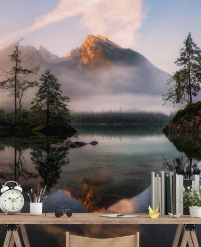 misty lake and mountain view wallpaper