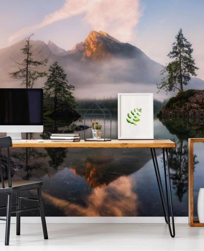 carta da parati nebbiosa vista lago e montagna carta da parati nebbiosa vista lago e montagna