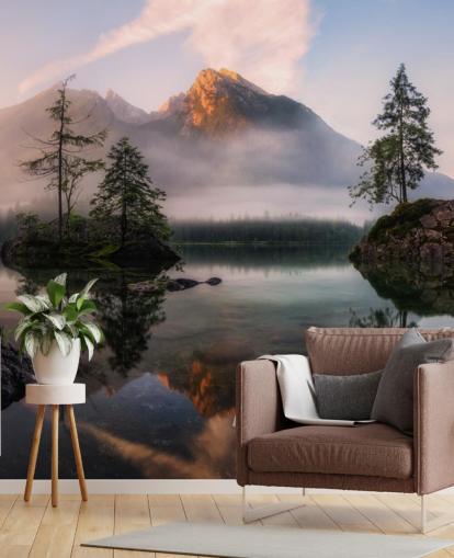 misty lake and mountain view wallpaper