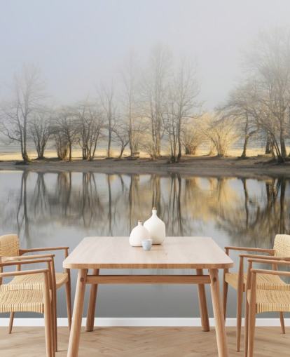 papel de parede misty lake and sunrise