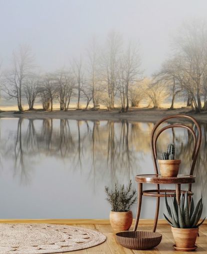 papel de parede misty lake and sunrise