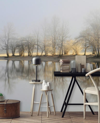 papel de parede misty lake and sunrise