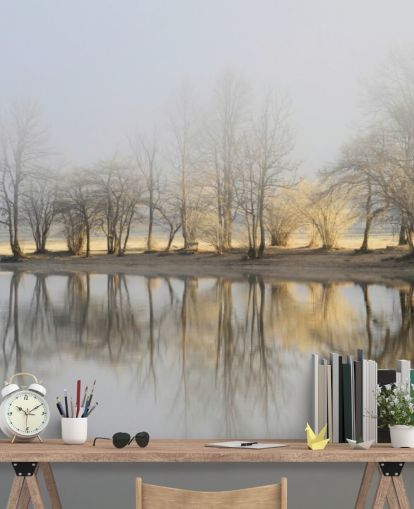 mistig meer en zonsopgang behang